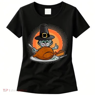 Cute Thanksgiving Happy Kitty Turkey Dinner Women's T-Shirt