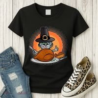 Cute Thanksgiving Happy Kitty Turkey Dinner Women's T-Shirt thumb 3