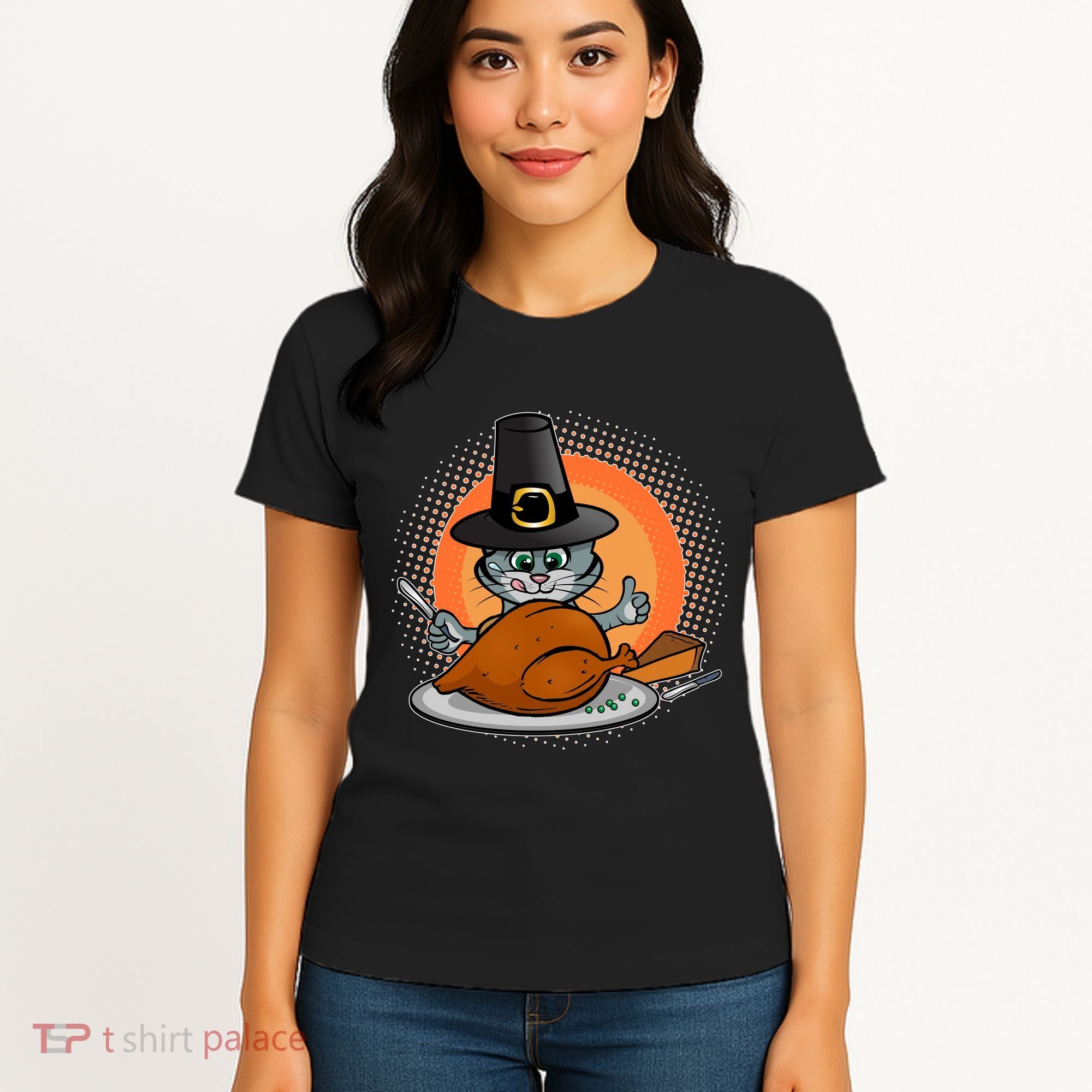 Cute Thanksgiving Happy Kitty Turkey Dinner Women's T-Shirt