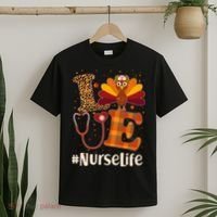 Cute Thanksgiving #NurseLife Fall Patterns Nurse Turkey T-Shirt thumb 2