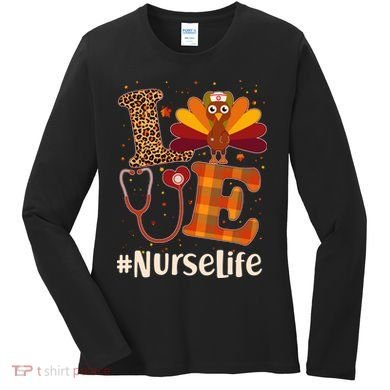 Cute Thanksgiving #NurseLife Fall Patterns Nurse Turkey Women's Long Sleeve Shirt