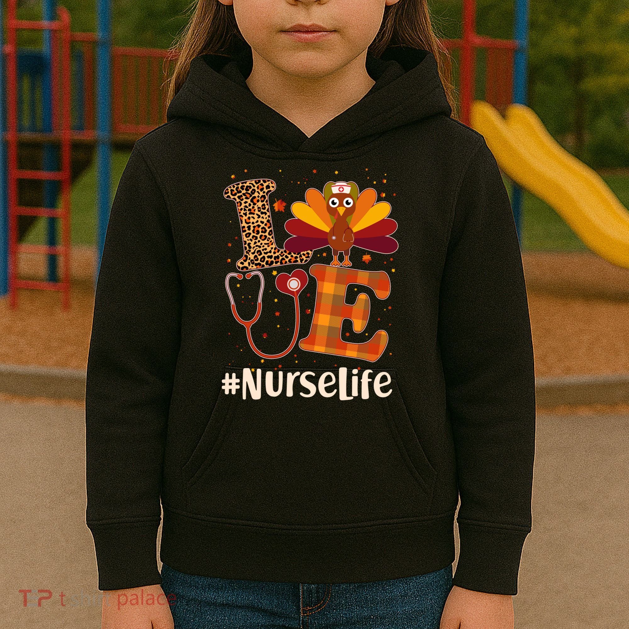 Cute Thanksgiving #NurseLife Fall Patterns Nurse Turkey Kids Hoodie
