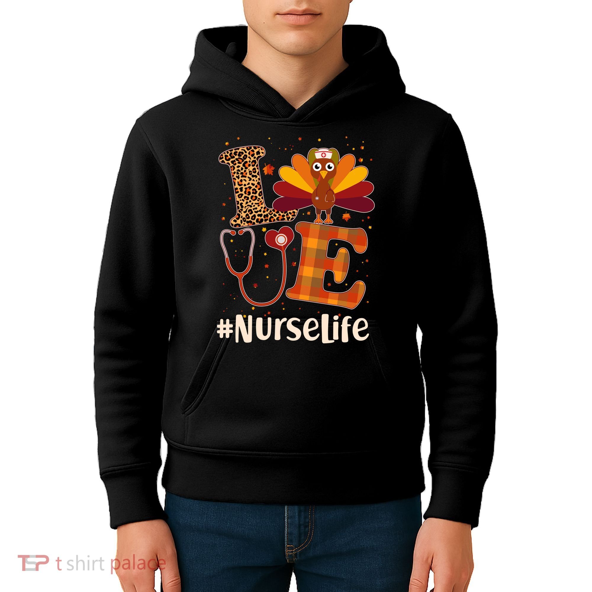 Cute Thanksgiving #NurseLife Fall Patterns Nurse Turkey Kids Hoodie