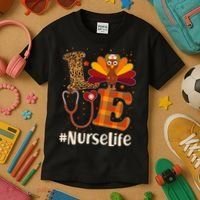 Cute Thanksgiving #NurseLife Fall Patterns Nurse Turkey Kids T-Shirt thumb 3