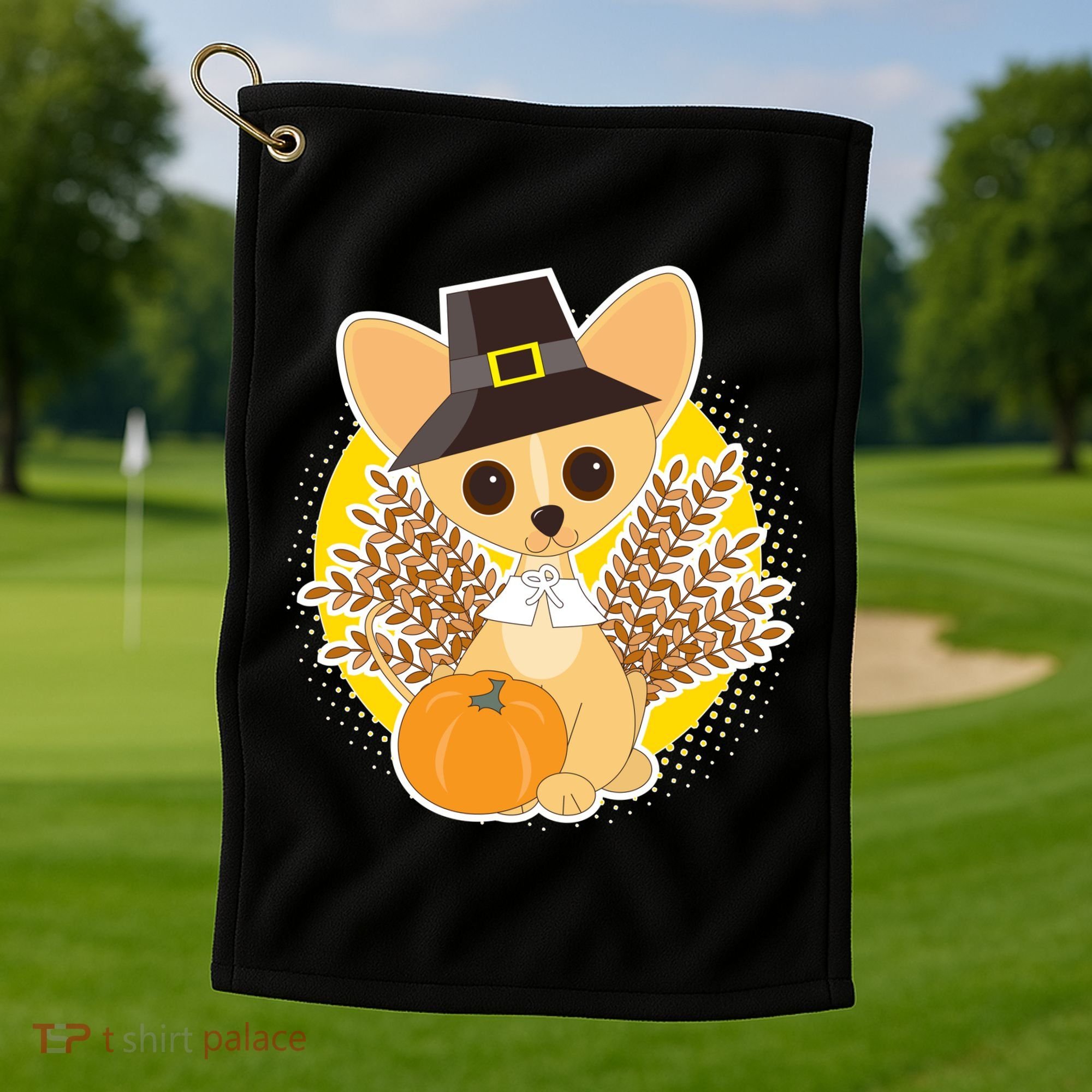 Cute Thanksgiving Pilgrim Puppy Golf Towel