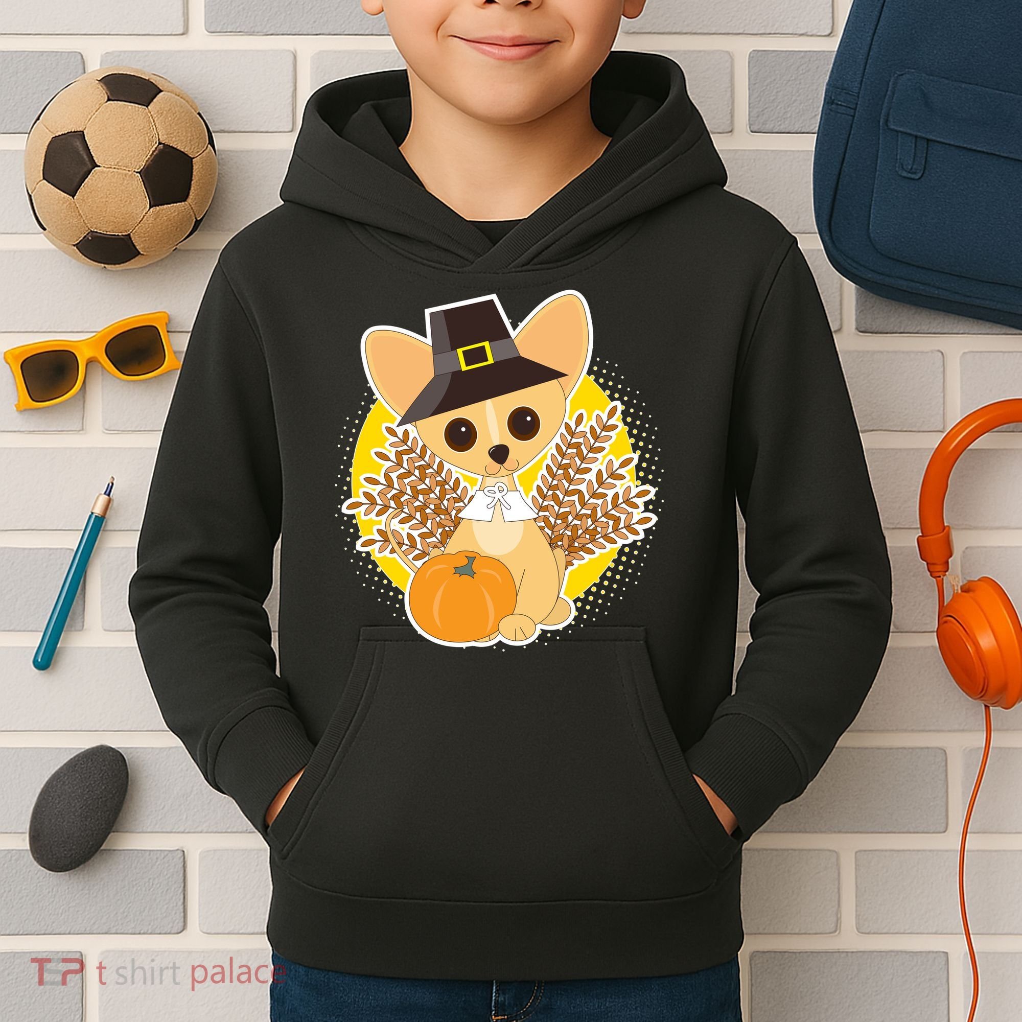 Cute Thanksgiving Pilgrim Puppy Kids Hoodie