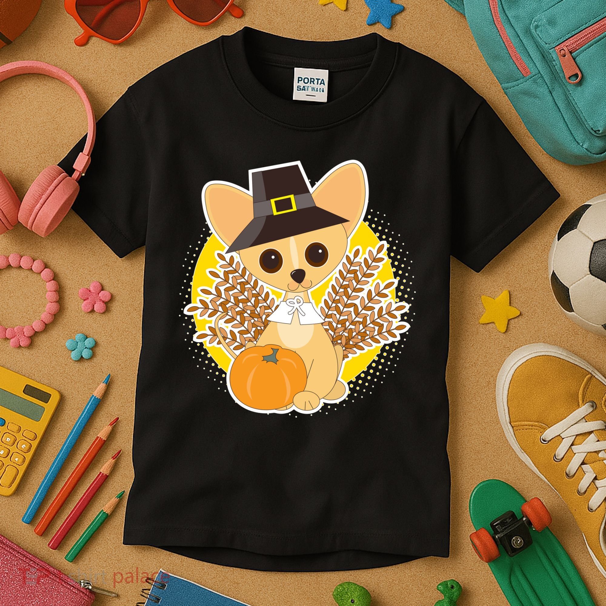 Cute Thanksgiving Pilgrim Puppy Kids T-Shirt
