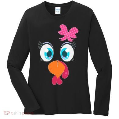 Cute Thanksgiving Turkey Girl Face Bow Tie Women's Long Sleeve Shirt