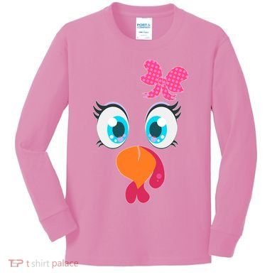 Cute Thanksgiving Turkey Girl Face Bow Tie Kids Long Sleeve Shirt