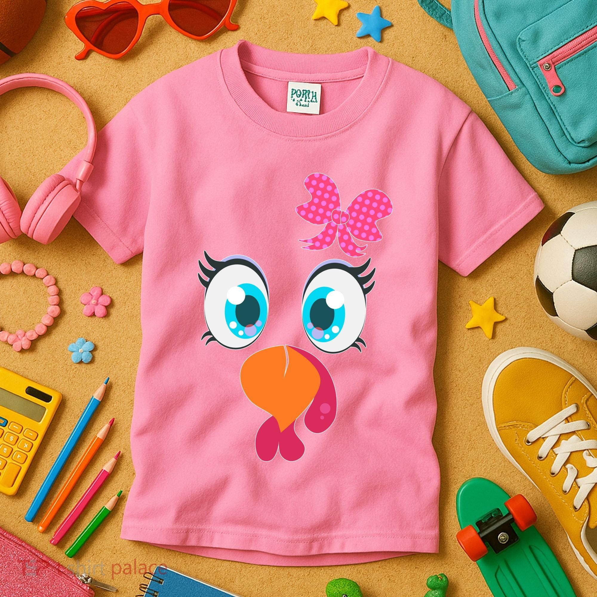 Cute Thanksgiving Turkey Girl Face Bow Tie Kids T-Shirt
