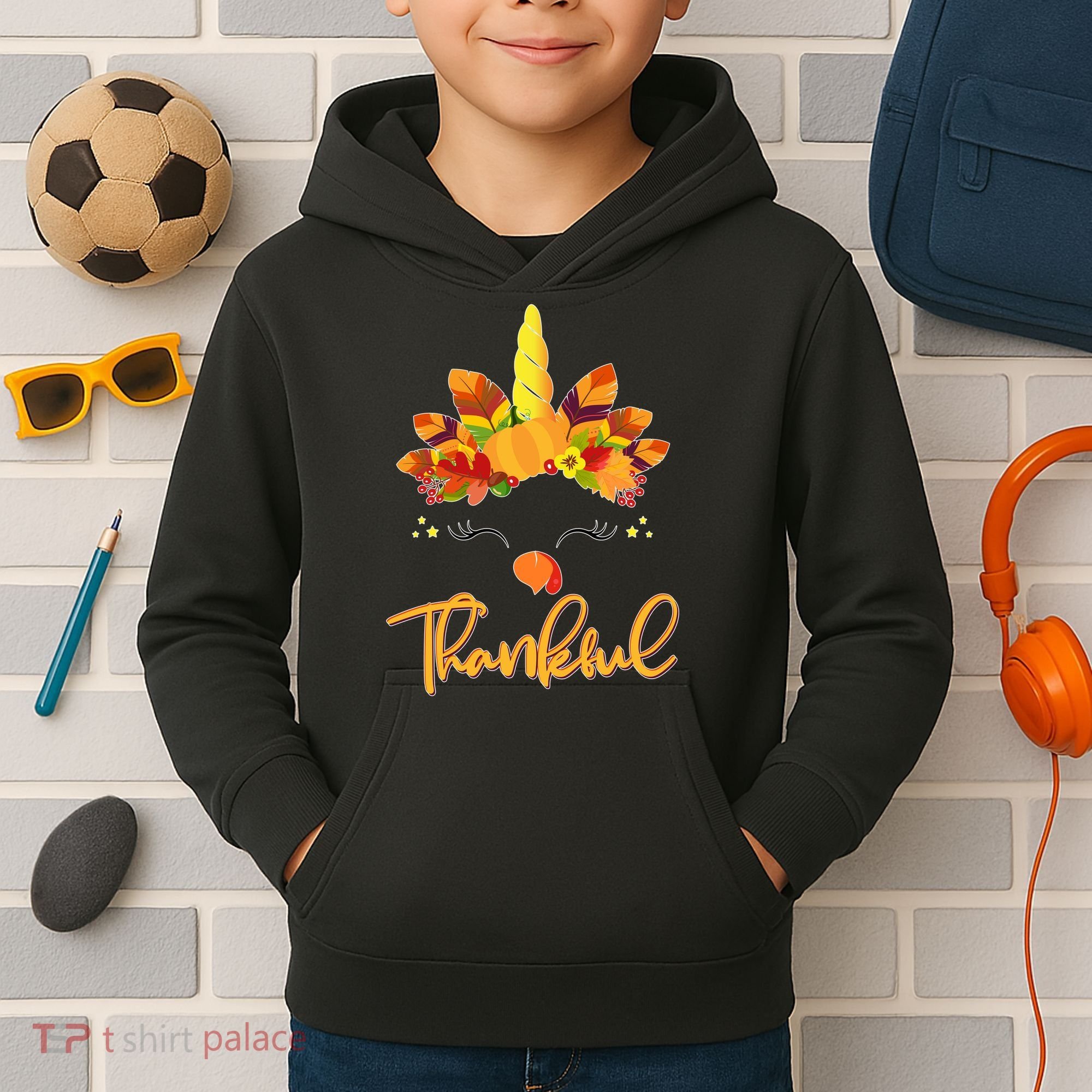 Cute Thanksgiving Unicorn Thankful Turkey Kids Hoodie