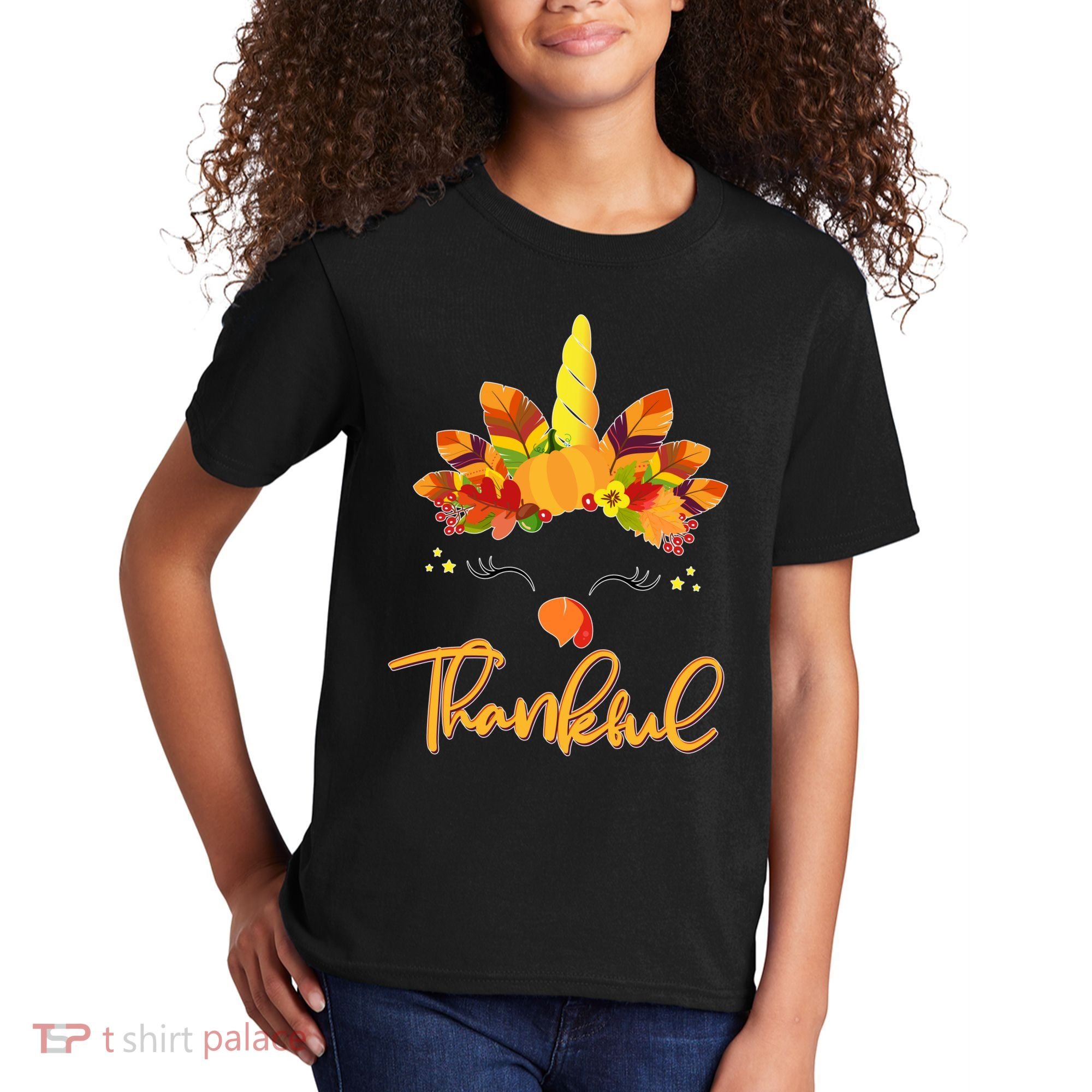 Cute Thanksgiving Unicorn Thankful Turkey Kids T-Shirt