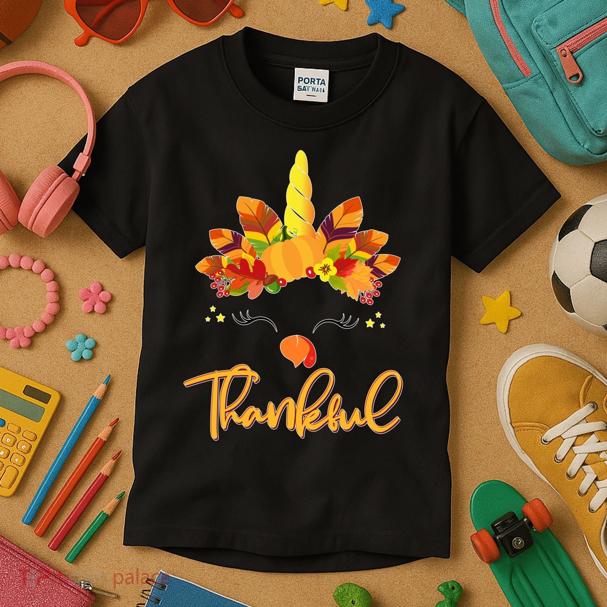 Cute Thanksgiving Unicorn Thankful Turkey Kids T-Shirt
