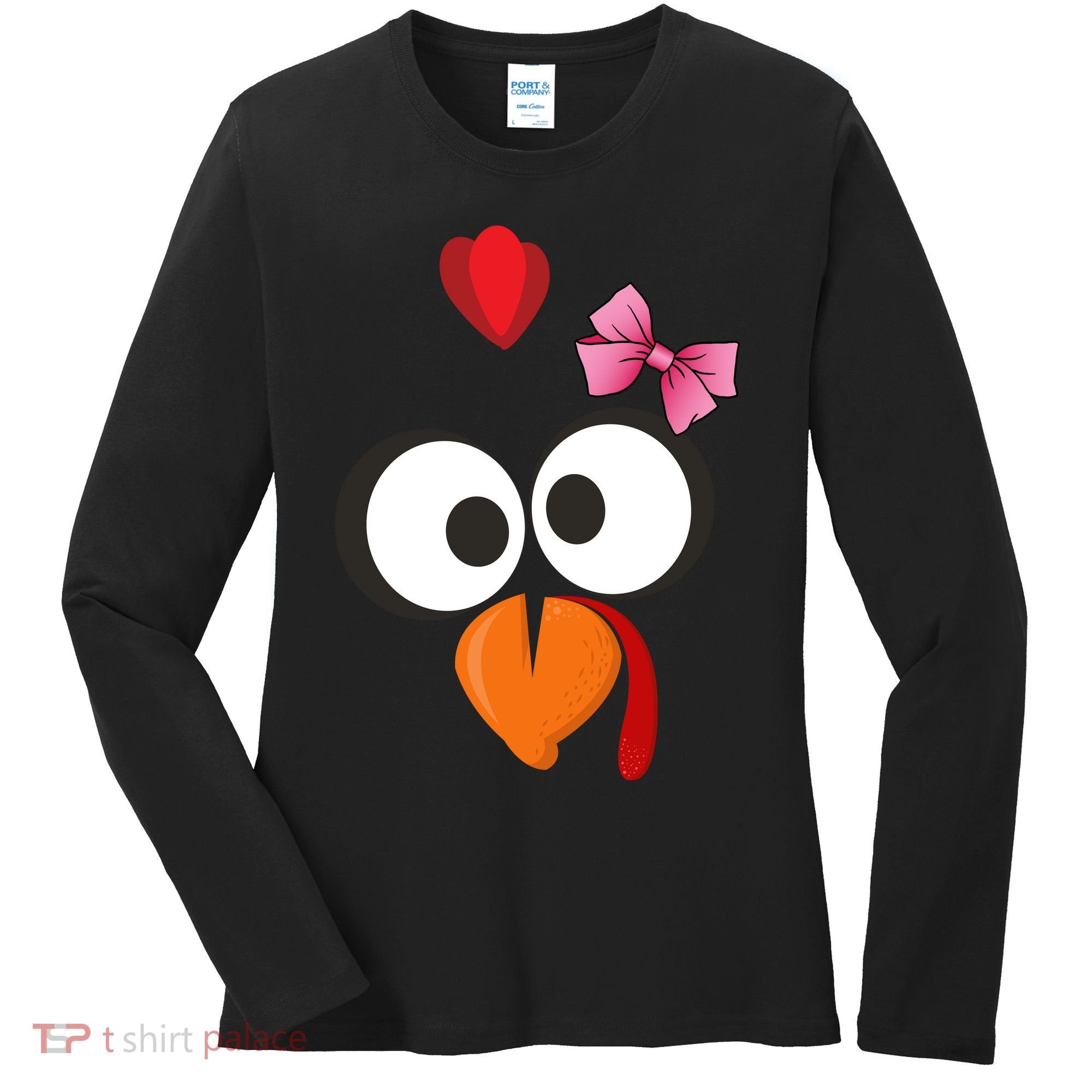 Cute Turkey Face Pink Bow Tie  Women's Long Sleeve Shirt
