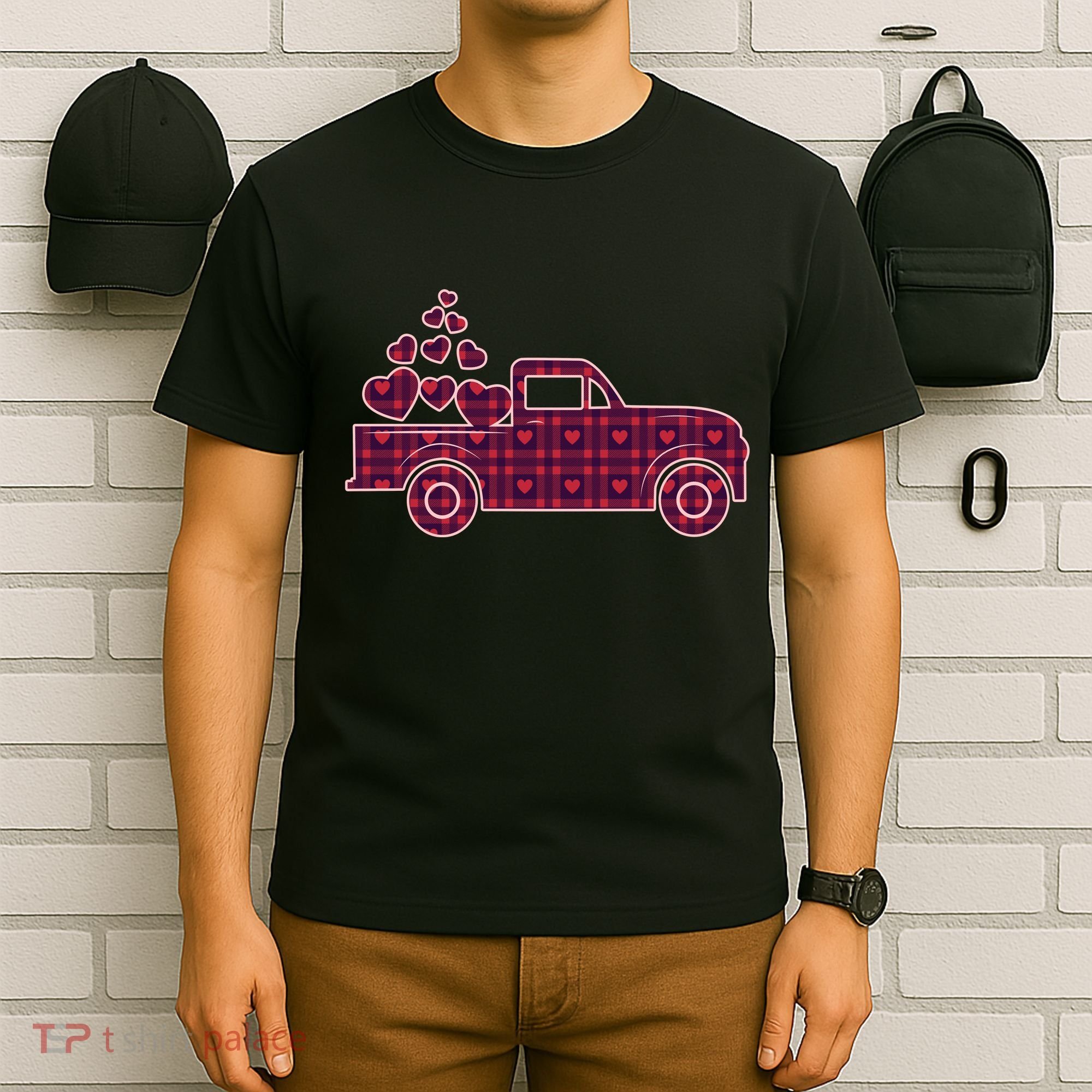Cute Valentine's Day Plaid Pickup Truck With Hearts T-Shirt