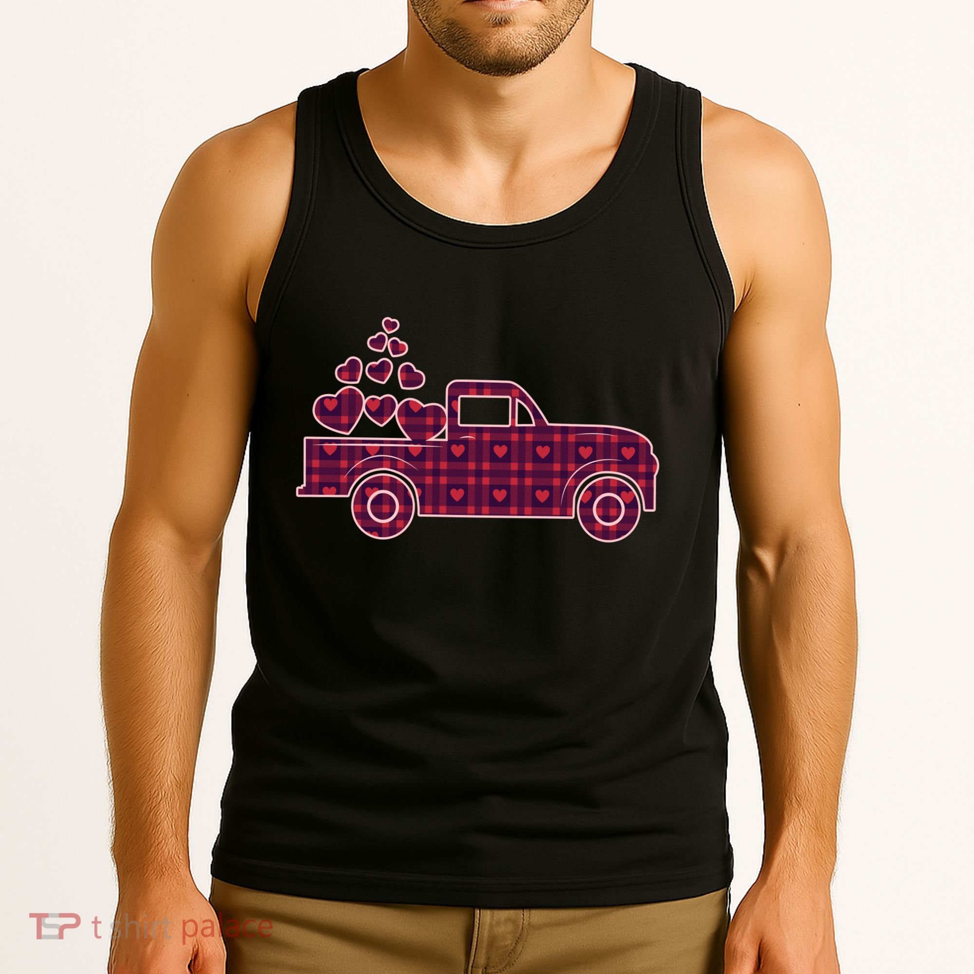 Cute Valentine's Day Plaid Pickup Truck With Hearts Tank Top