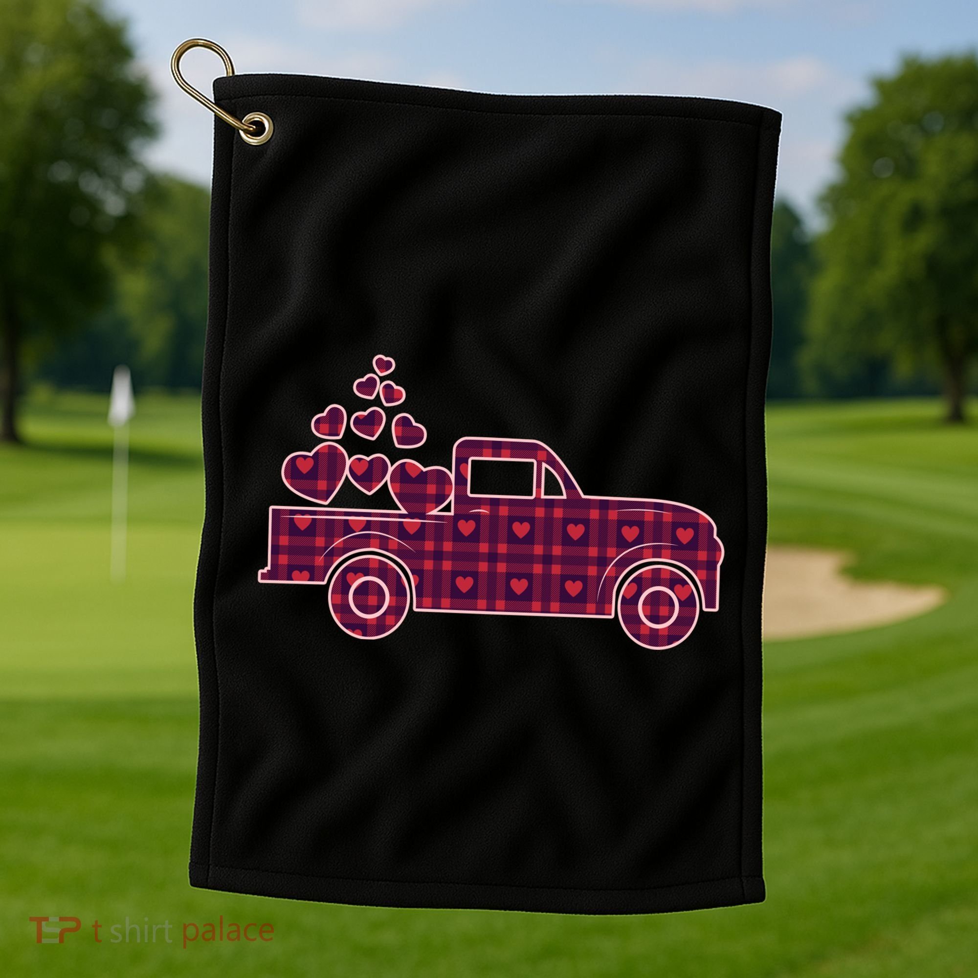 Cute Valentine's Day Plaid Pickup Truck With Hearts Golf Towel