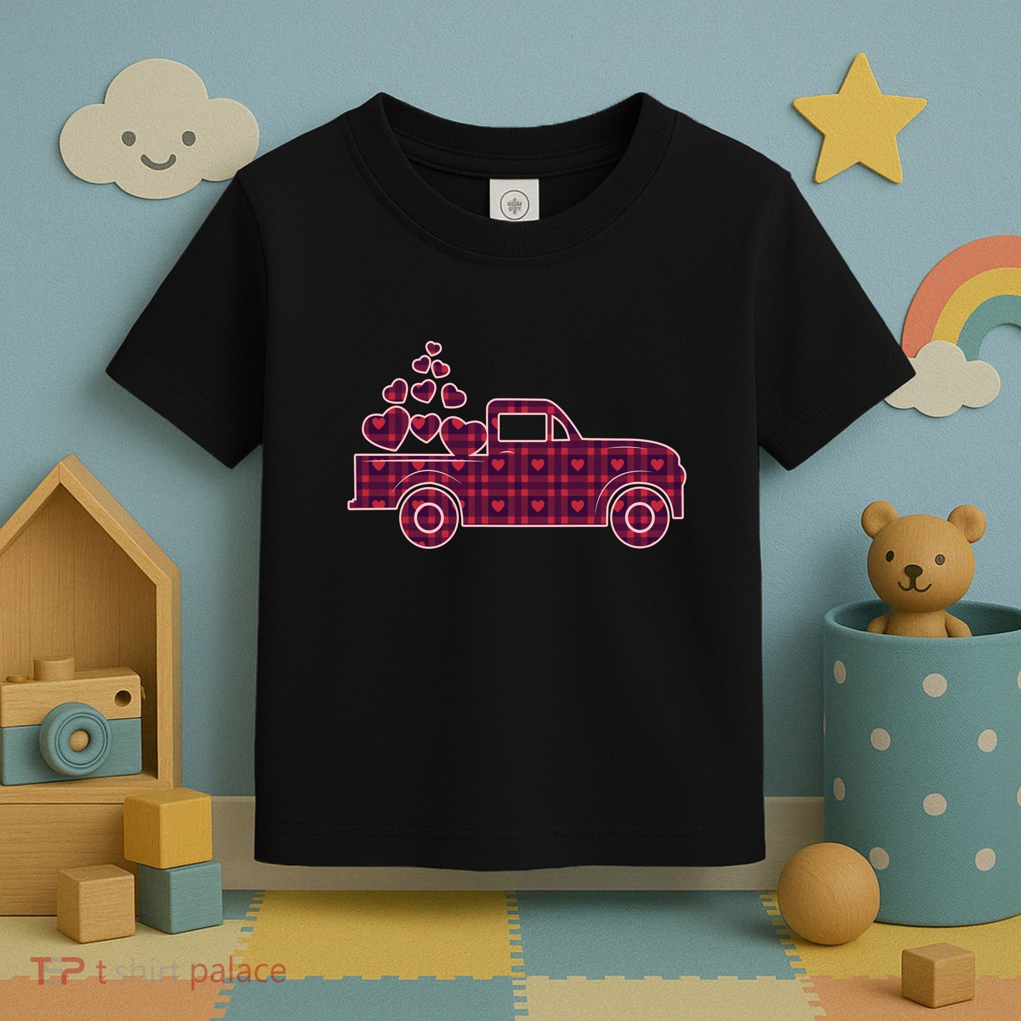 Cute Valentine's Day Plaid Pickup Truck With Hearts Toddler T-Shirt