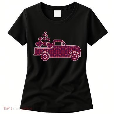 Cute Valentine's Day Plaid Pickup Truck With Hearts Women's T-Shirt
