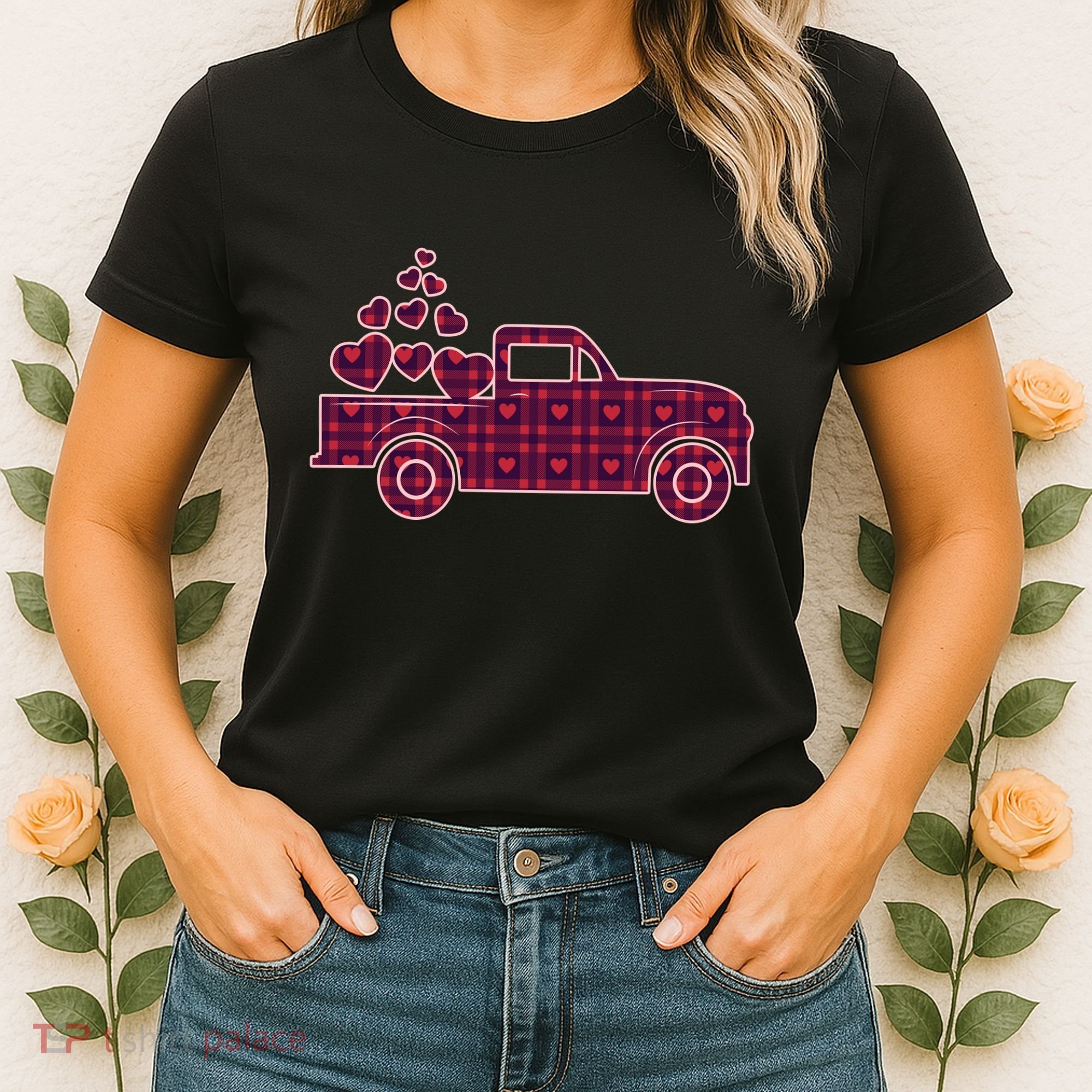 Cute Valentine's Day Plaid Pickup Truck With Hearts Women's T-Shirt