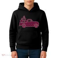 Cute Valentine's Day Plaid Pickup Truck With Hearts Kids Hoodie thumb 4