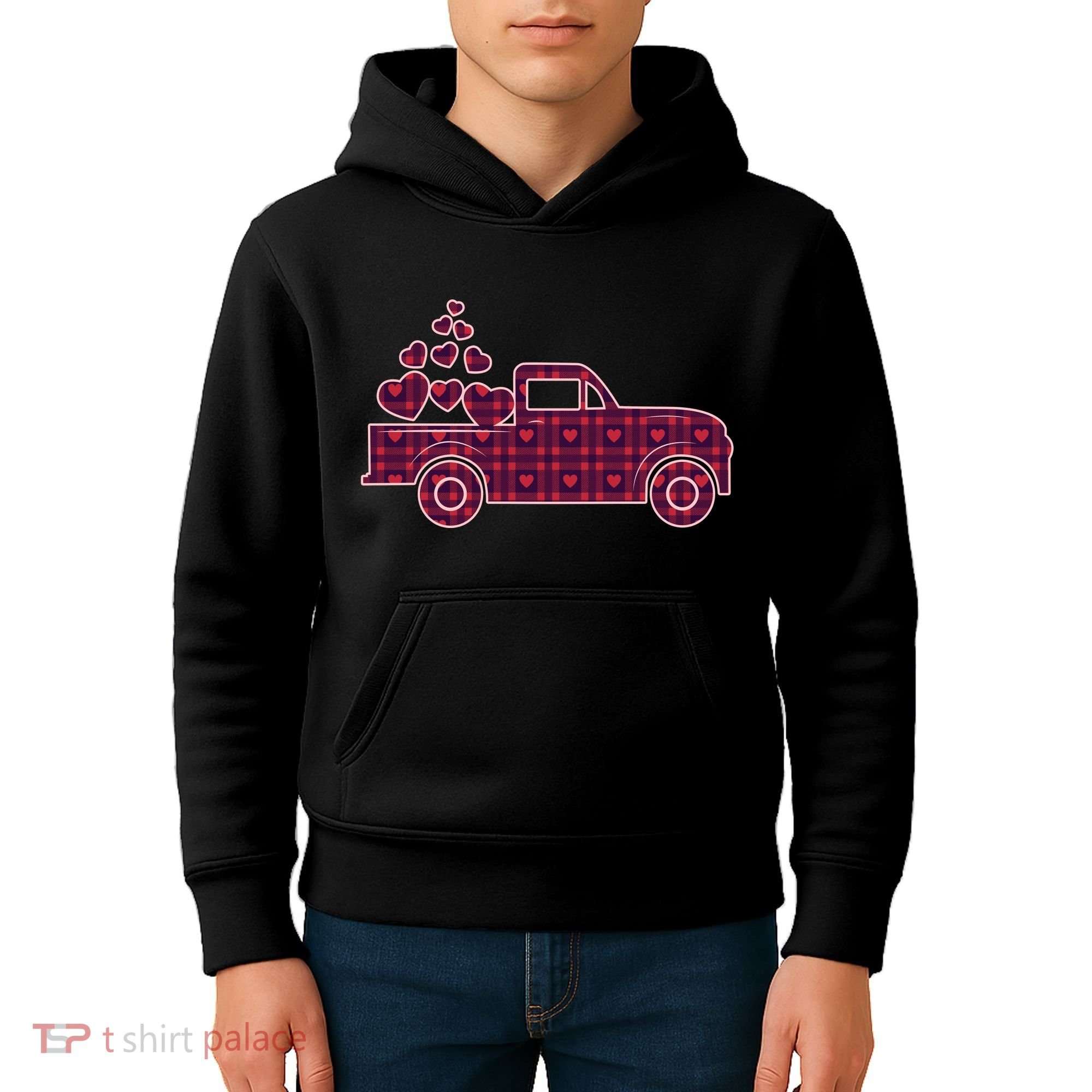 Cute Valentine's Day Plaid Pickup Truck With Hearts Kids Hoodie