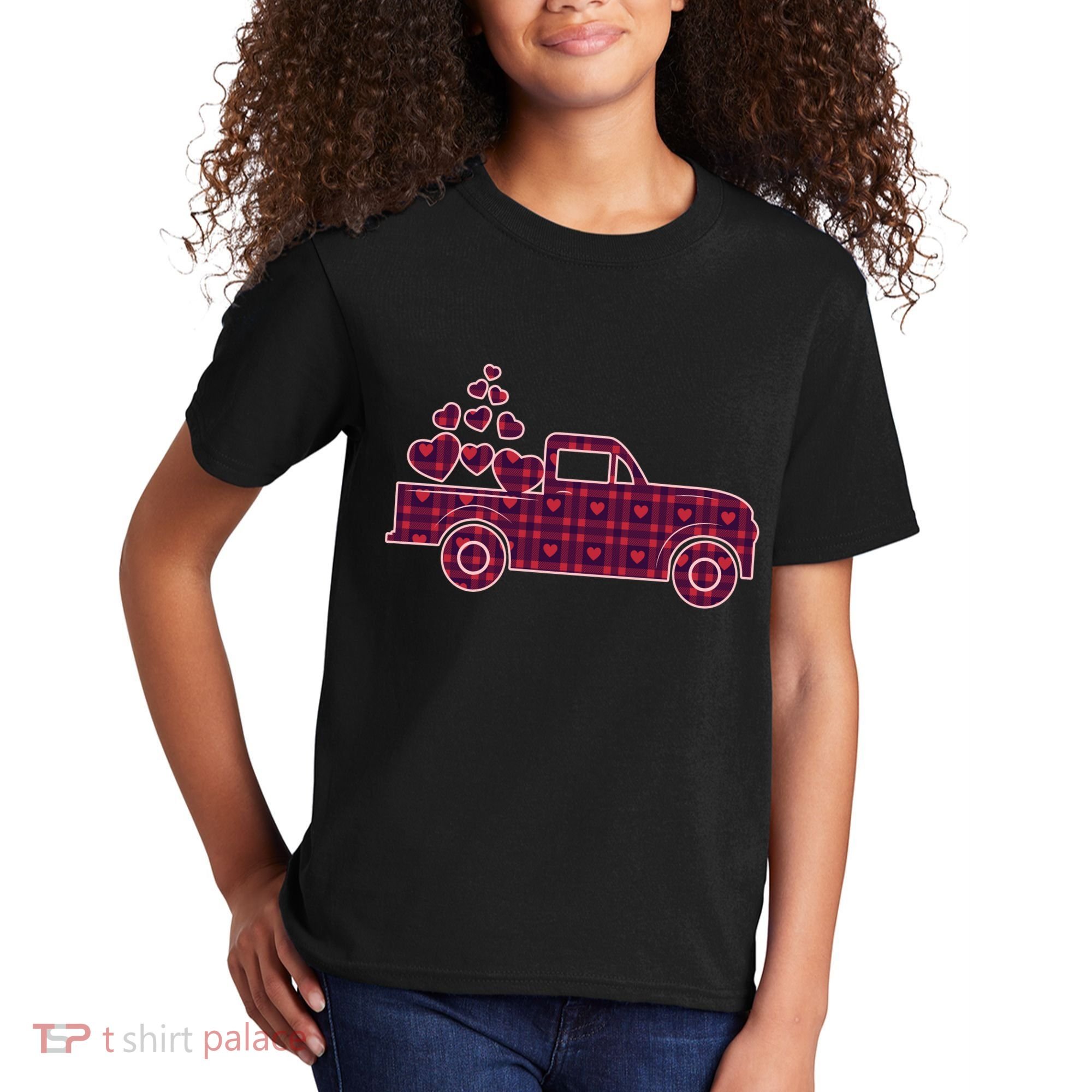 Cute Valentine's Day Plaid Pickup Truck With Hearts Kids T-Shirt