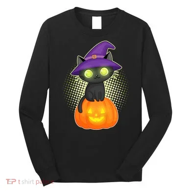 Cute Witch Kitten With Pumpkin Long Sleeve Shirt
