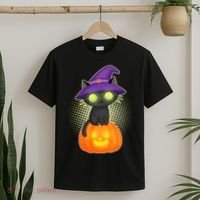 Cute Witch Kitten With Pumpkin T-Shirt thumb 2