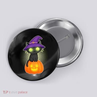 Cute Witch Kitten With Pumpkin Button