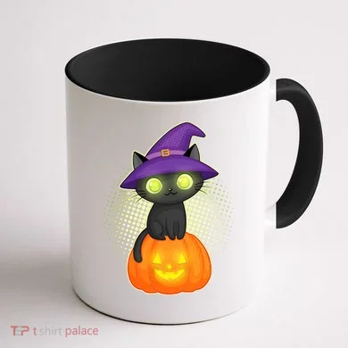 Cute Witch Kitten With Pumpkin Coffee Mug back