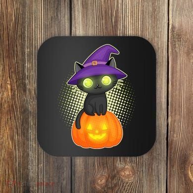 Cute Witch Kitten With Pumpkin Coaster