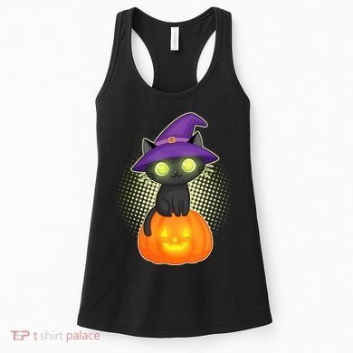 Cute Witch Kitten With Pumpkin Women's Tank Top