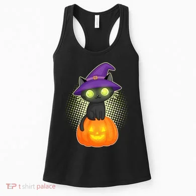 Cute Witch Kitten With Pumpkin Women's Tank Top