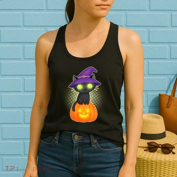 Cute Witch Kitten With Pumpkin Women's Tank Top