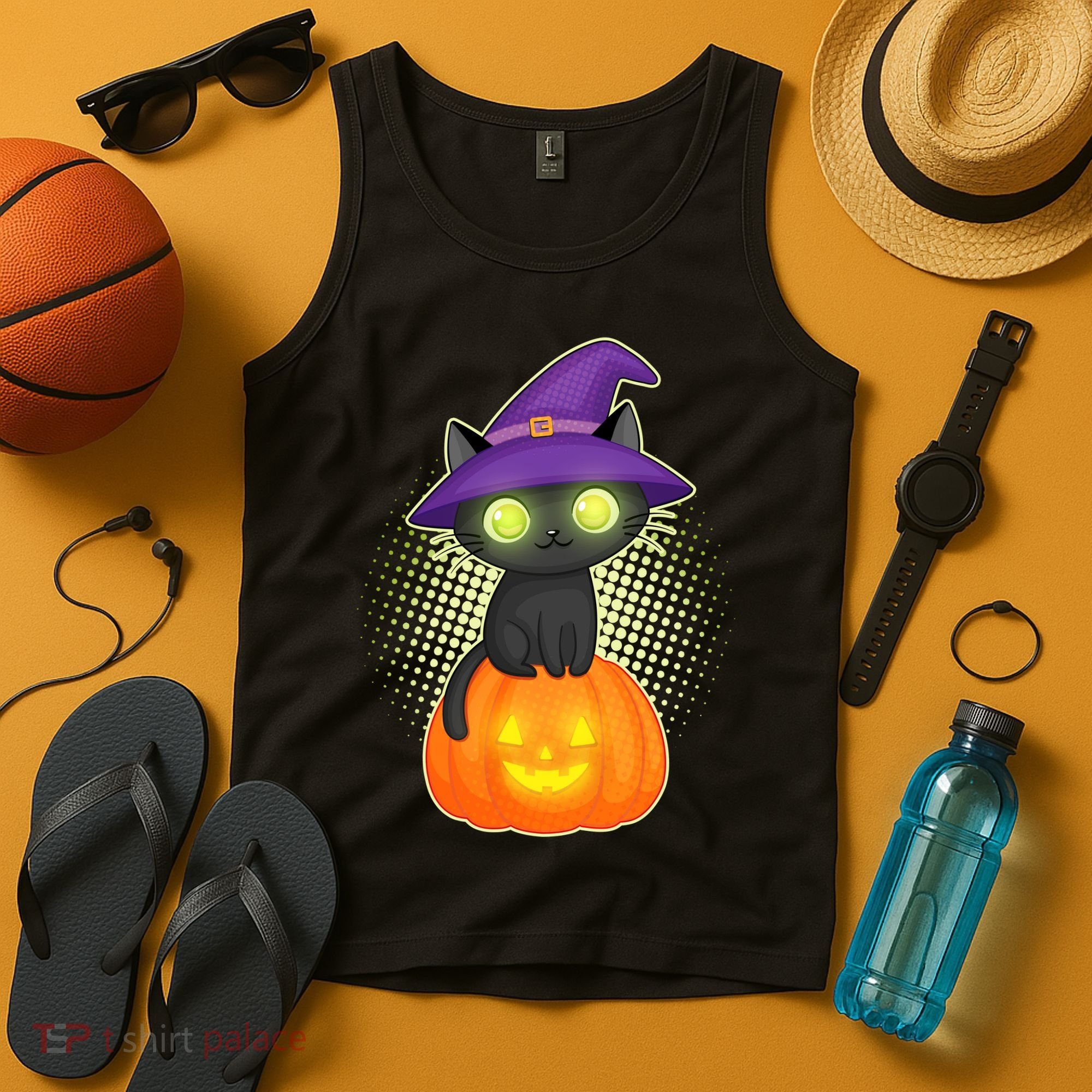 Cute Witch Kitten With Pumpkin Tank Top