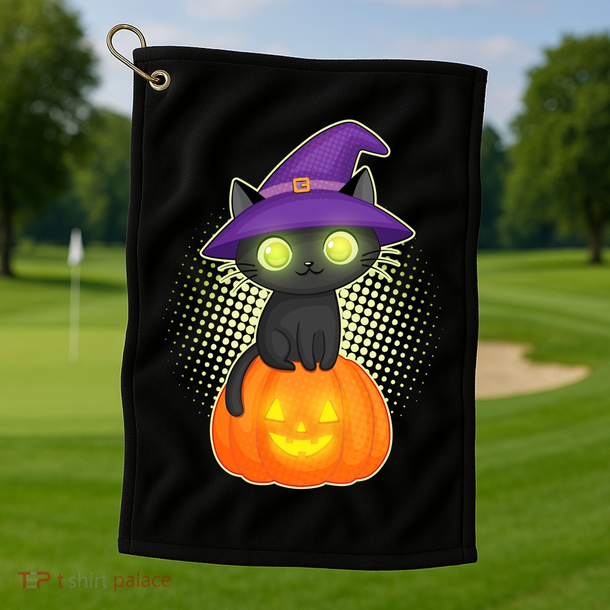 Cute Witch Kitten With Pumpkin Golf Towel