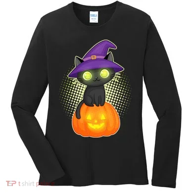 Cute Witch Kitten With Pumpkin Women's Long Sleeve Shirt