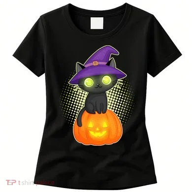 Cute Witch Kitten With Pumpkin Women's T-Shirt