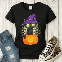 Cute Witch Kitten With Pumpkin Women's T-Shirt thumb 3