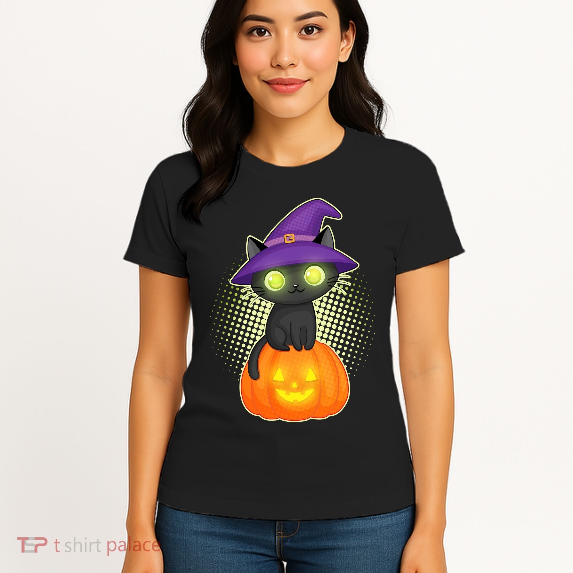 Cute Witch Kitten With Pumpkin Women's T-Shirt