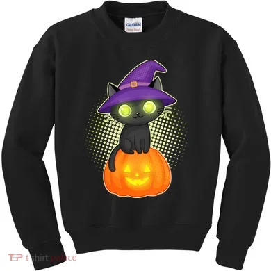 Cute Witch Kitten With Pumpkin Kids Sweatshirt