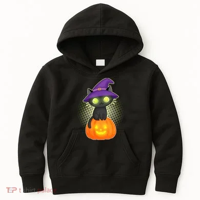 Cute Witch Kitten With Pumpkin Kids Hoodie