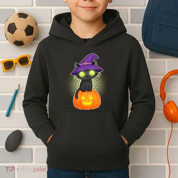 Cute Witch Kitten With Pumpkin Kids Hoodie