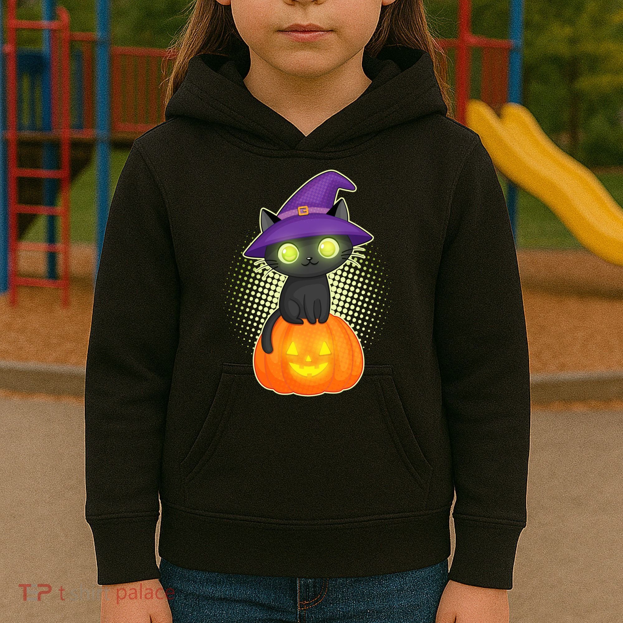 Cute Witch Kitten With Pumpkin Kids Hoodie