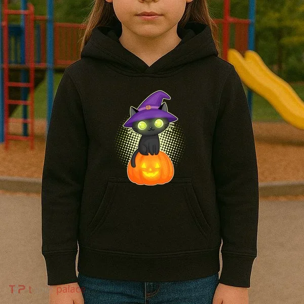 Cute Witch Kitten With Pumpkin Kids Hoodie