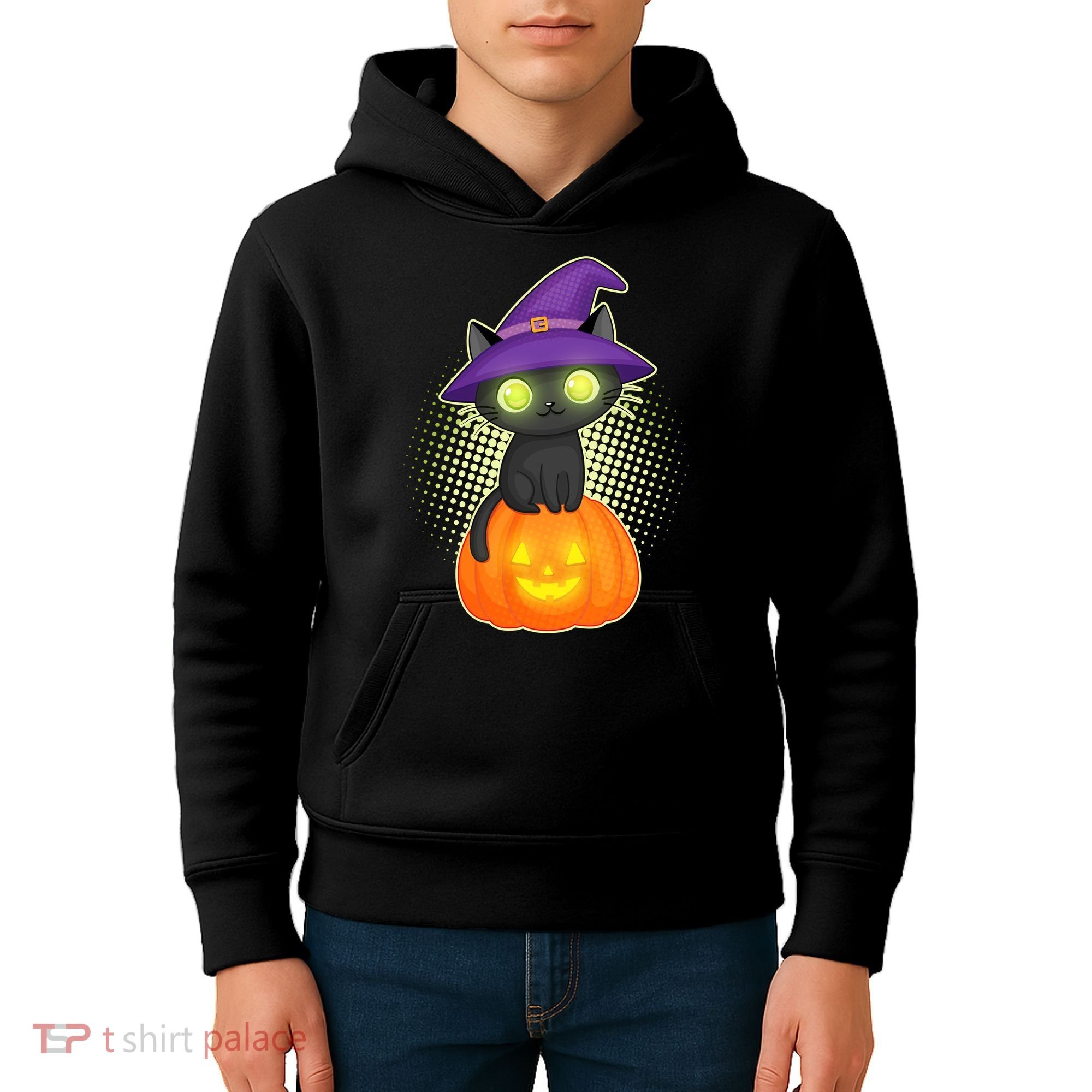 Cute Witch Kitten With Pumpkin Kids Hoodie