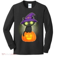 Cute Witch Kitten With Pumpkin Kids Long Sleeve Shirt thumb 0