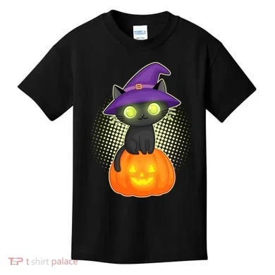 Cute Witch Kitten With Pumpkin Kids T-Shirt