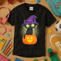 Cute Witch Kitten With Pumpkin Kids T-Shirt thumb 3